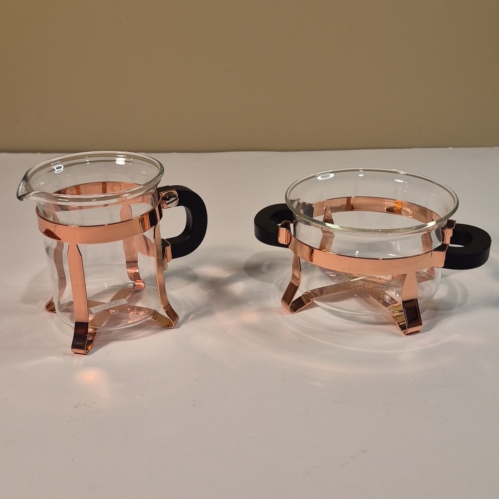 BODUM Chambord Classic Copper Tone Metal and Glass Open Sugar and Creamer Set